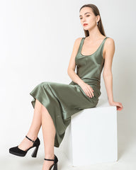 Scoop Neck Midi Silk Slip Dress Olive Green