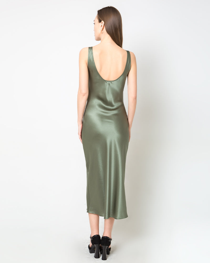 Scoop Neck Midi Silk Slip Dress Olive Green