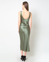 Scoop Neck Midi Silk Slip Dress Olive Green