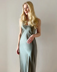 Scoop Neck Midi Silk Slip Dress Olive Green