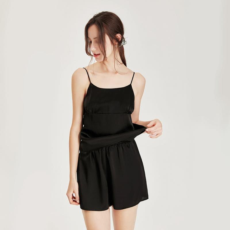 Short Silk Pajamas Camisole Set Black