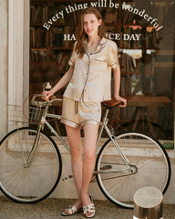 Short Sleeve Silk Pajama Set with Contrast Piping