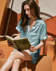 Short Sleeve Silk Pajama Set with Contrast Piping