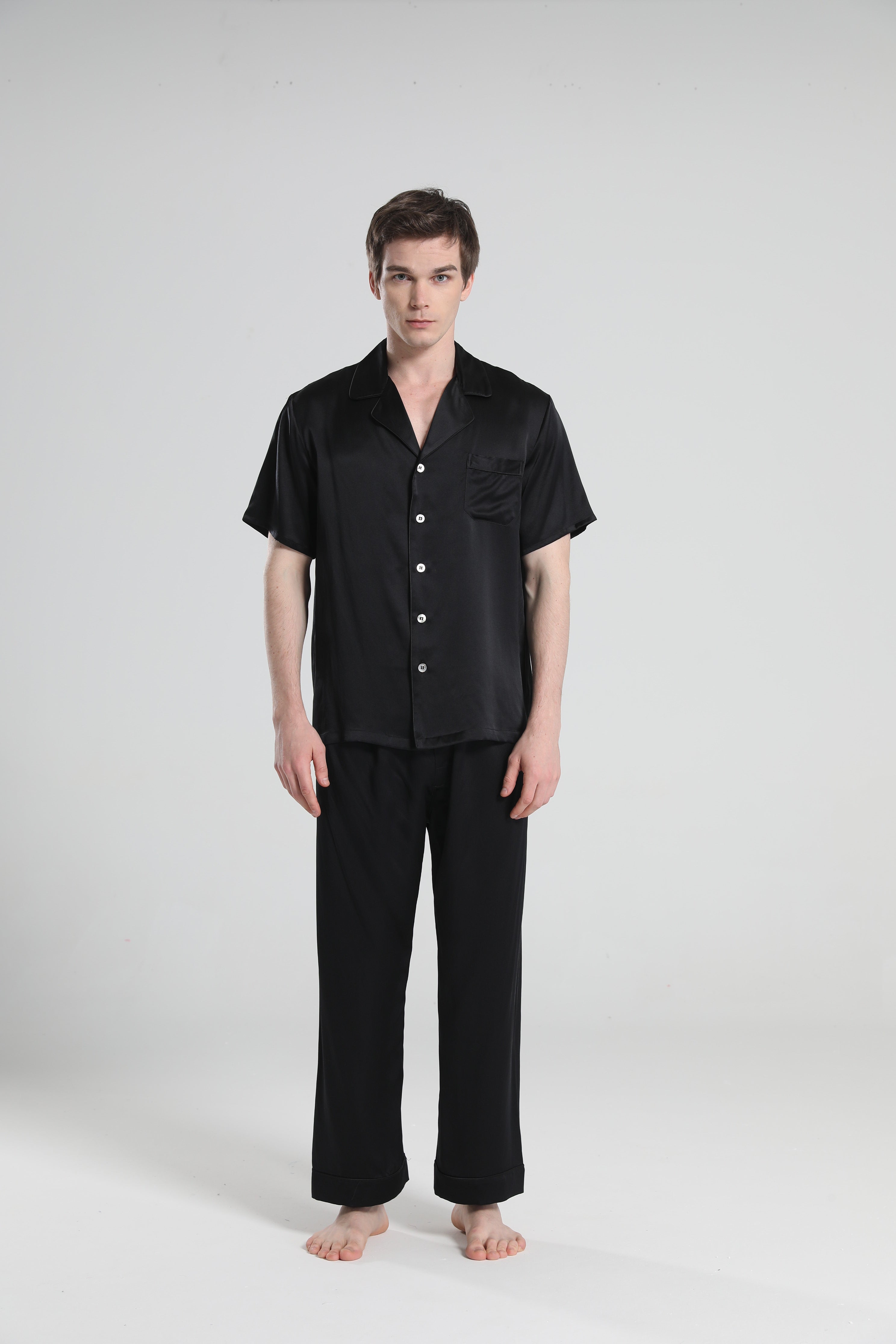 Short Sleeve 100% Silk Pajamas For Men Black