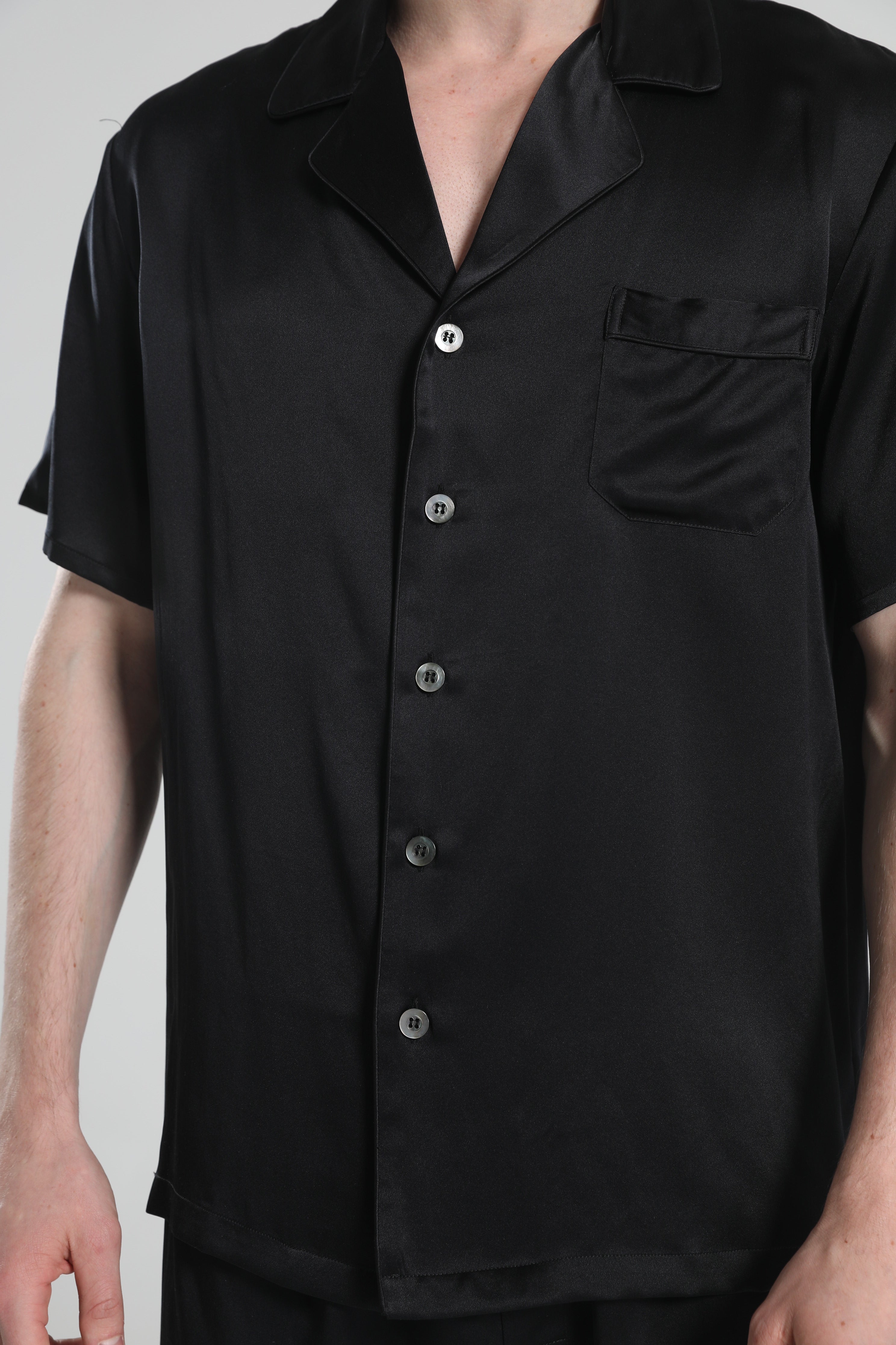 Short Sleeve 100% Silk Pajamas For Men Black