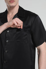 Short Sleeve 100% Silk Pajamas For Men Black