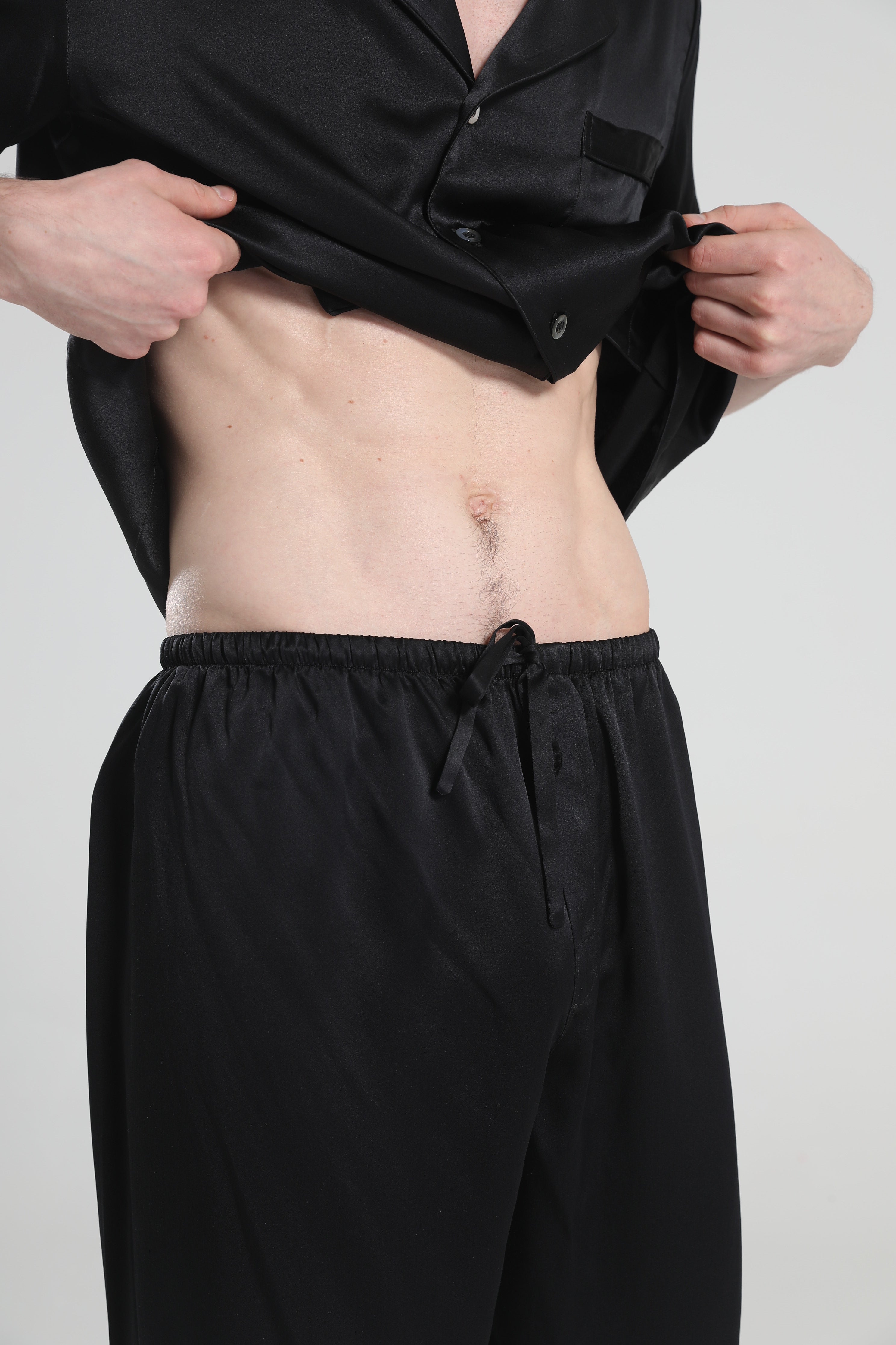 Short Sleeve 100% Silk Pajamas For Men Black