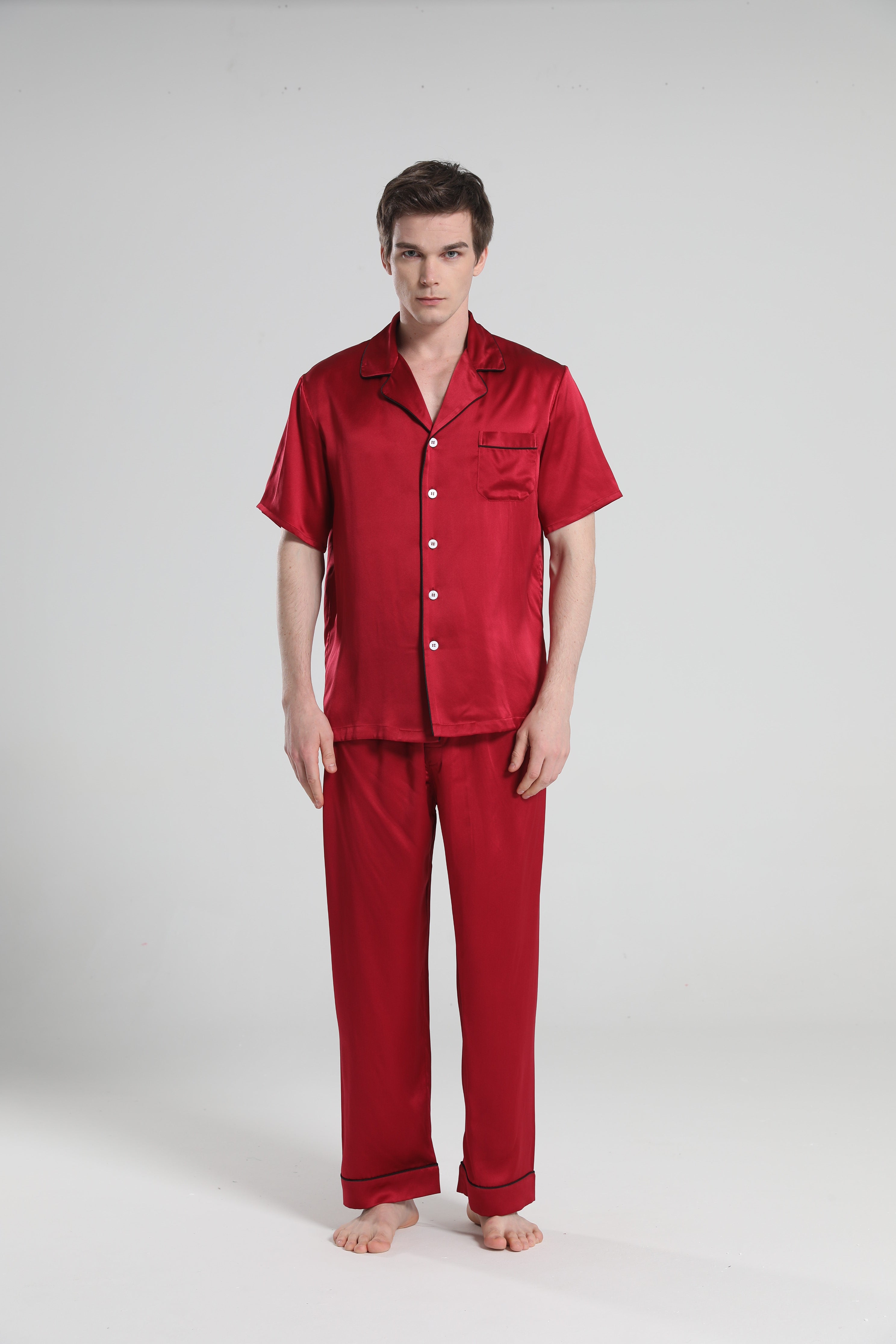Short Sleeve 100% Silk Pajamas For Men Burgundy