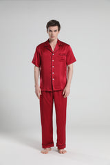Short Sleeve 100% Silk Pajamas For Men Burgundy