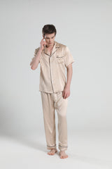 Short Sleeve 100% Silk Pajamas For Men Champagne