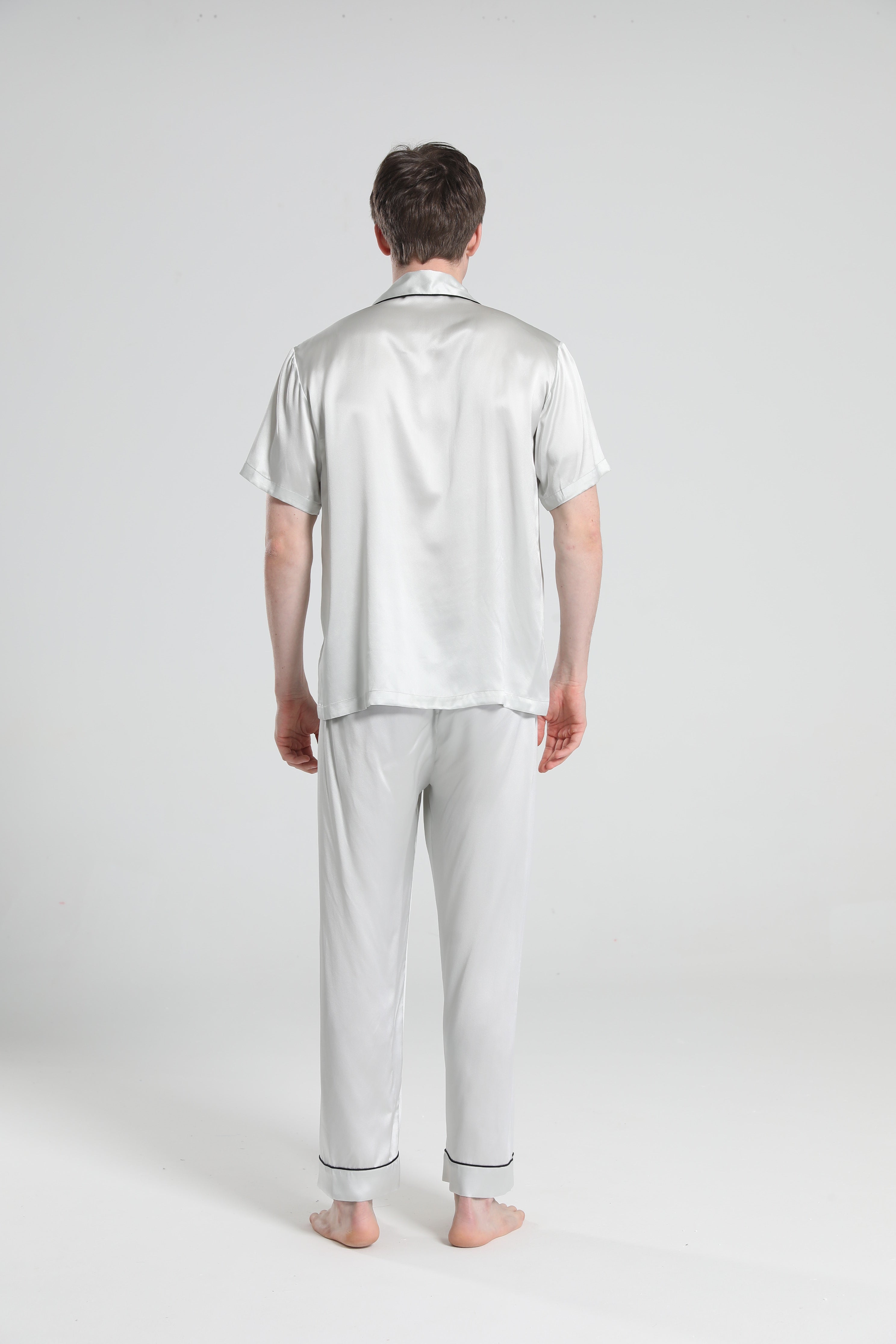 Short Sleeve 100% Silk Pajamas For Men Grey