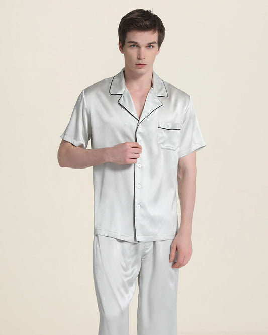 Short Sleeve 100% Silk Pajamas For Men Grey