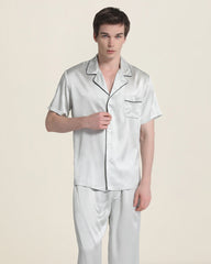 Short Sleeve 100% Silk Pajamas For Men Grey