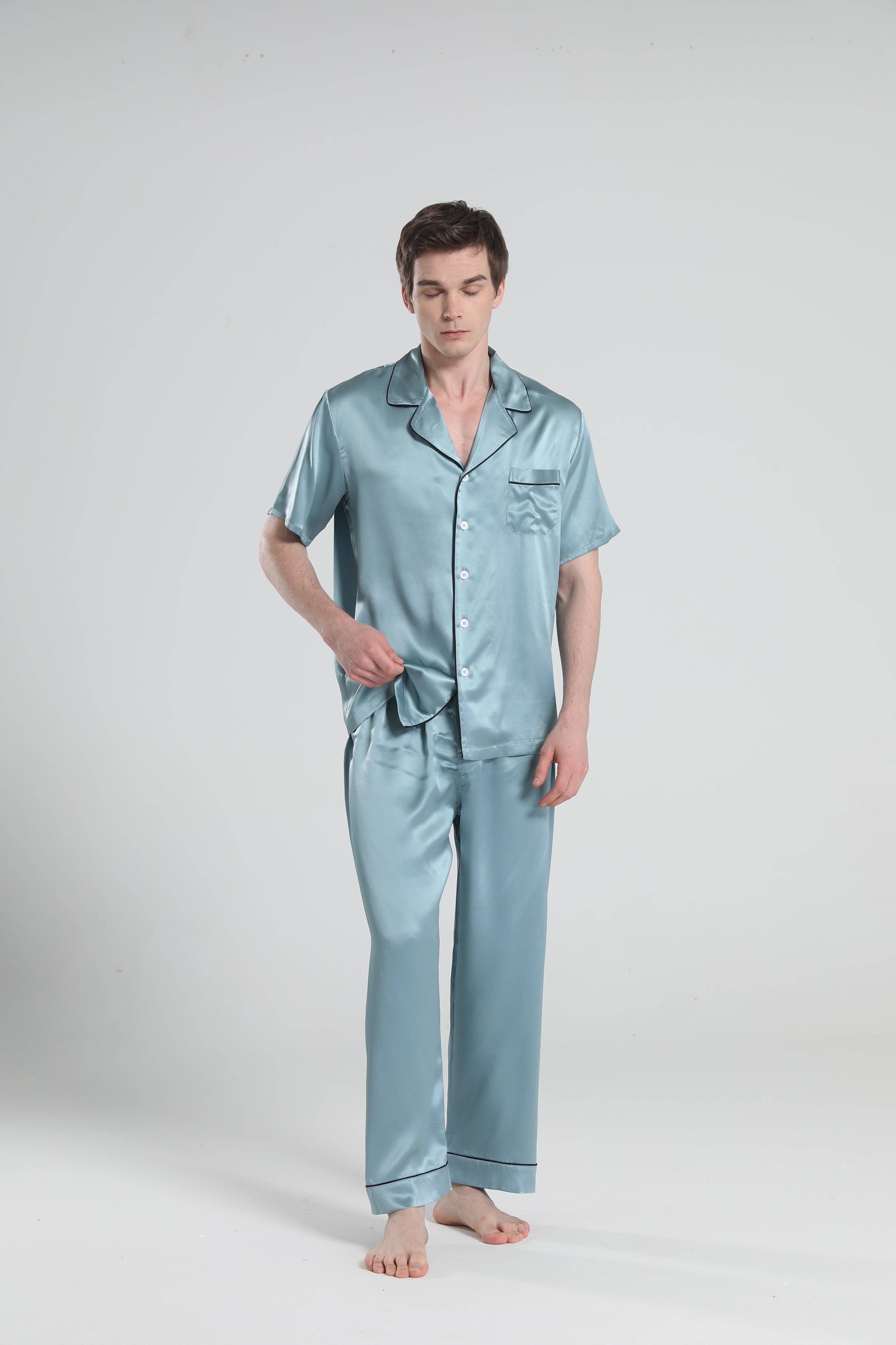 Short Sleeve 100% Silk Pajamas For Men Haze Blue