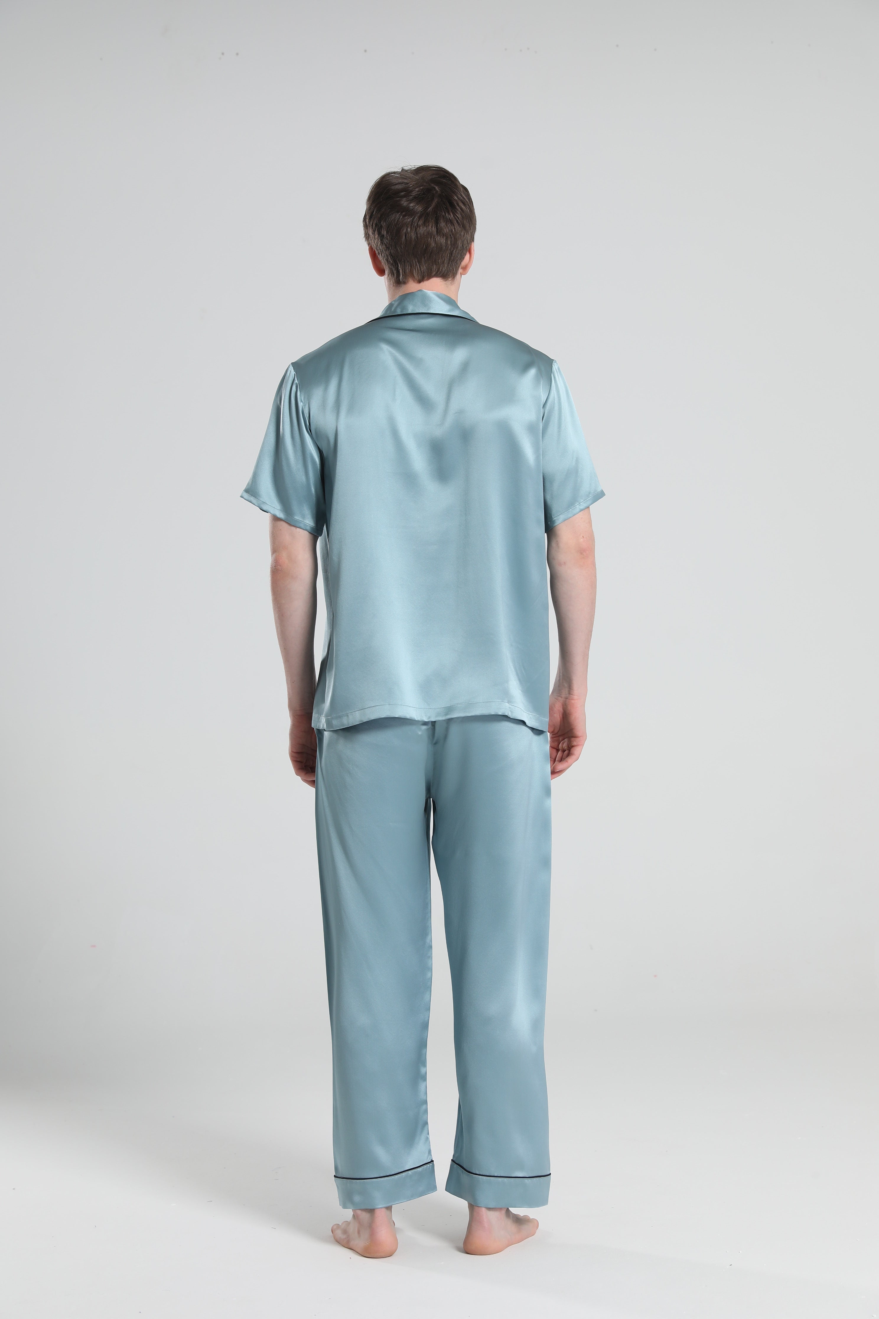 Short Sleeve 100% Silk Pajamas For Men Haze Blue