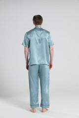 Short Sleeve 100% Silk Pajamas For Men Haze Blue
