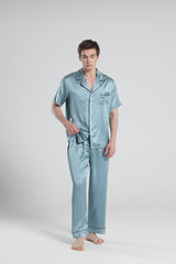 Short Sleeve 100% Silk Pajamas For Men Haze Blue