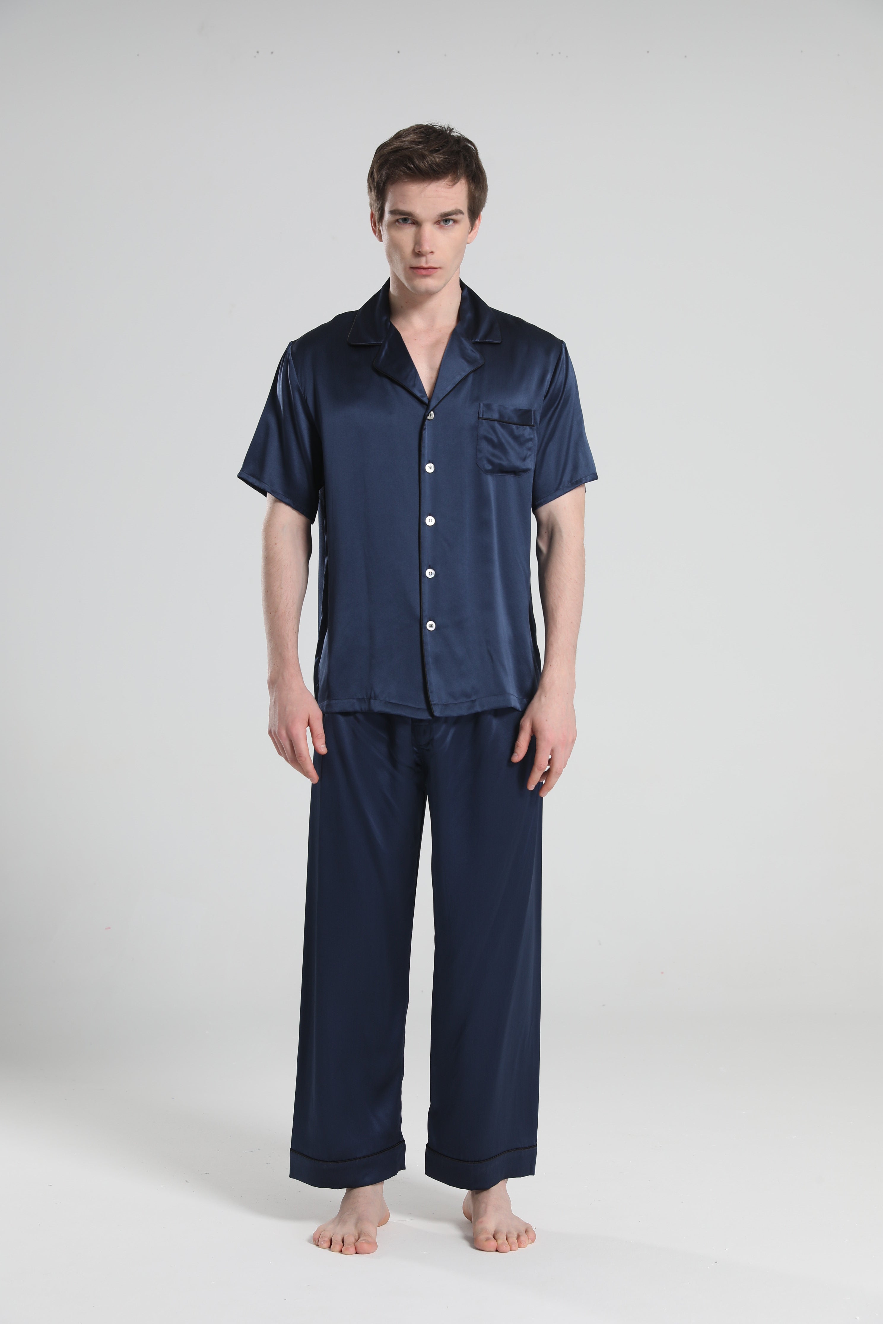 Short Sleeve 100% Silk Pajamas For Men Navy