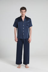 Short Sleeve 100% Silk Pajamas For Men Navy