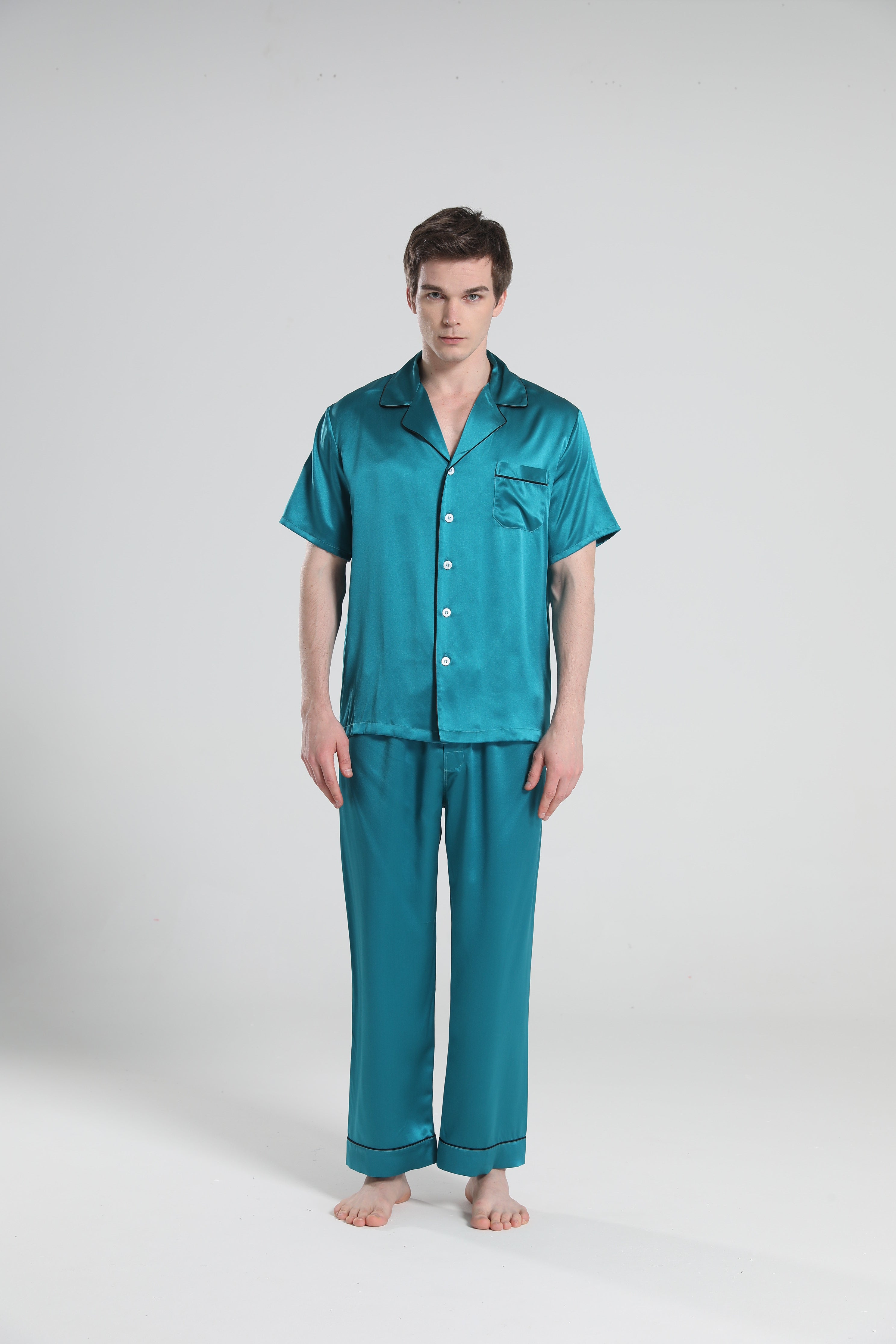 Short Sleeve 100% Silk Pajamas For Men Peacock Blue