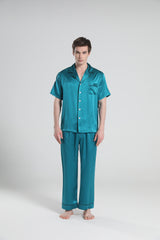 Short Sleeve 100% Silk Pajamas For Men Peacock Blue