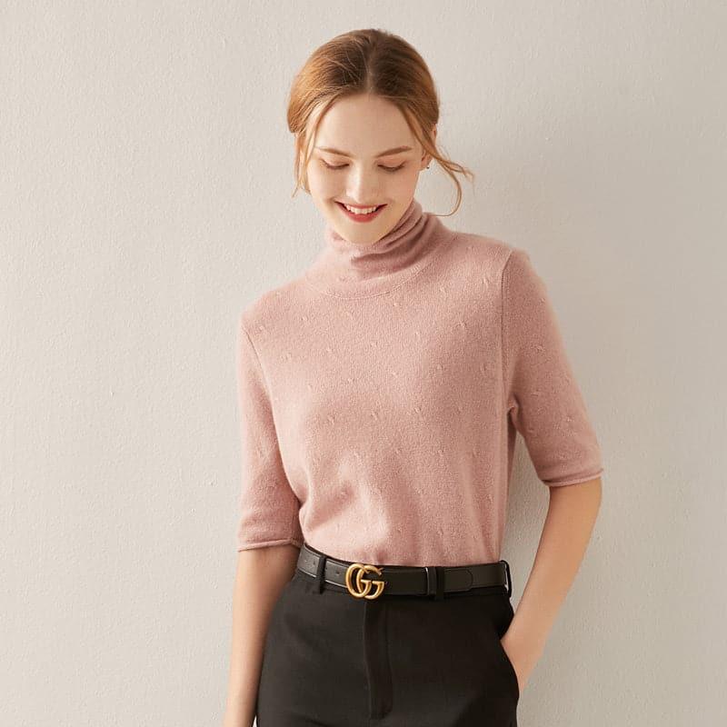 Short Sleeve Turtleneck Cashmere Sweater Pink