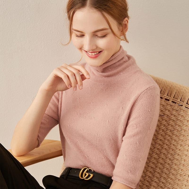 Short Sleeve Turtleneck Cashmere Sweater Pink