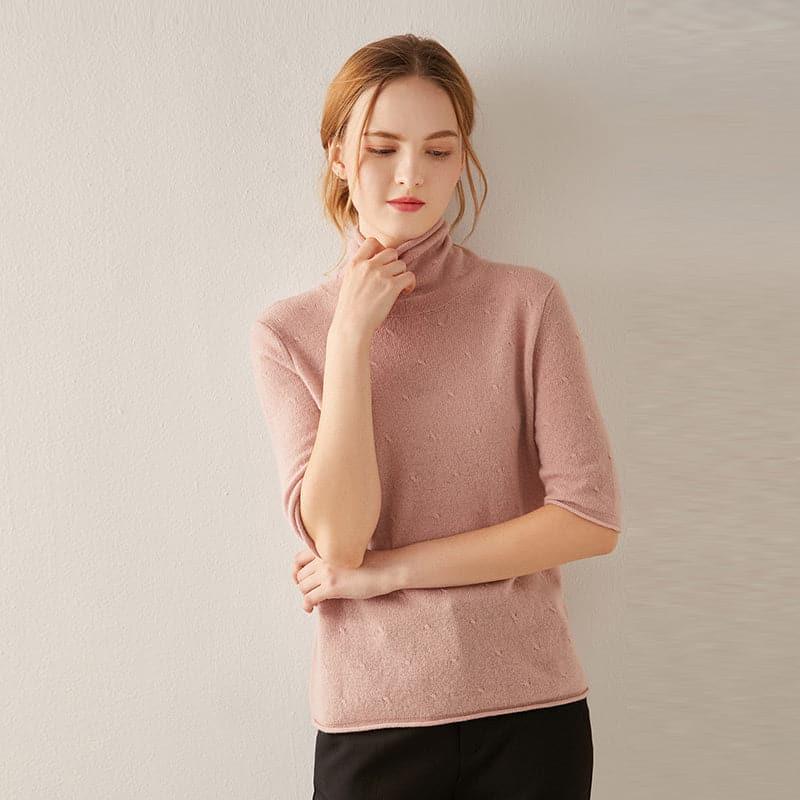 Short Sleeve Turtleneck Cashmere Sweater Pink