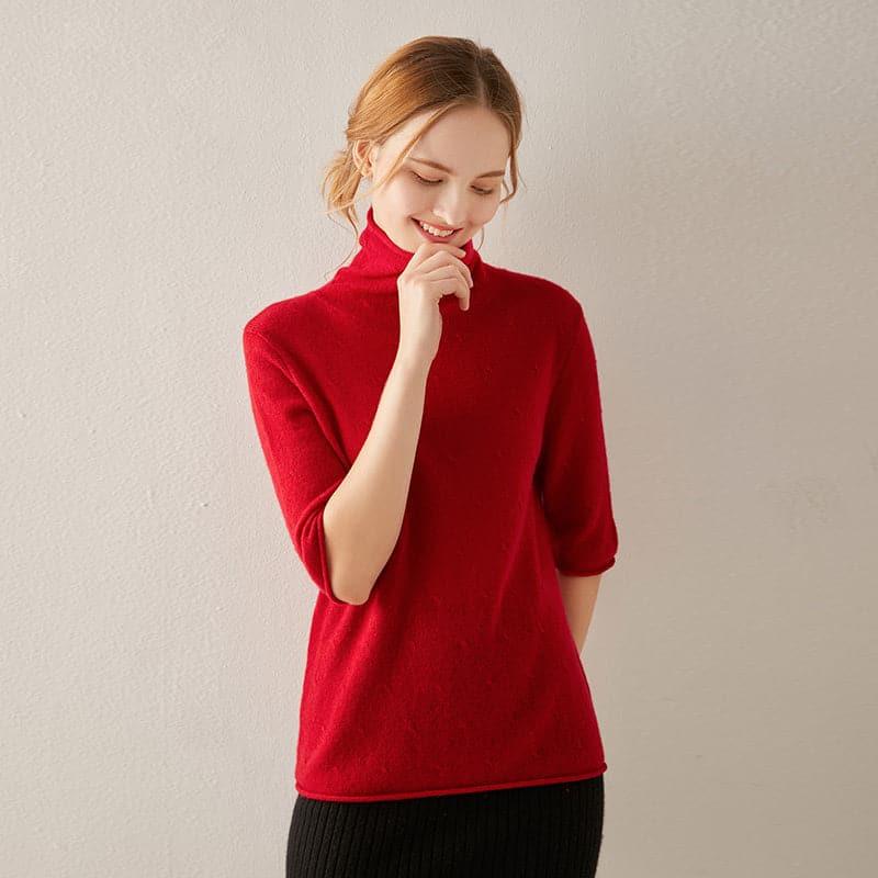Short Sleeve Turtleneck Cashmere Sweater Red