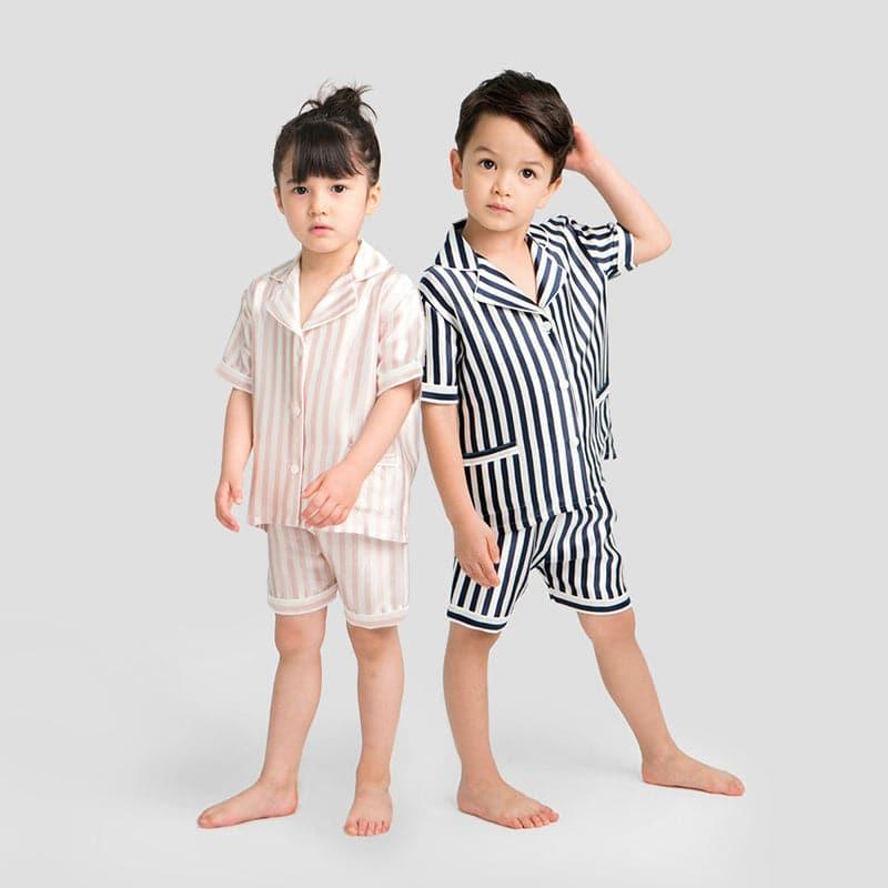 Short Stripe Pajamas Set Kid's Silk Nightwear