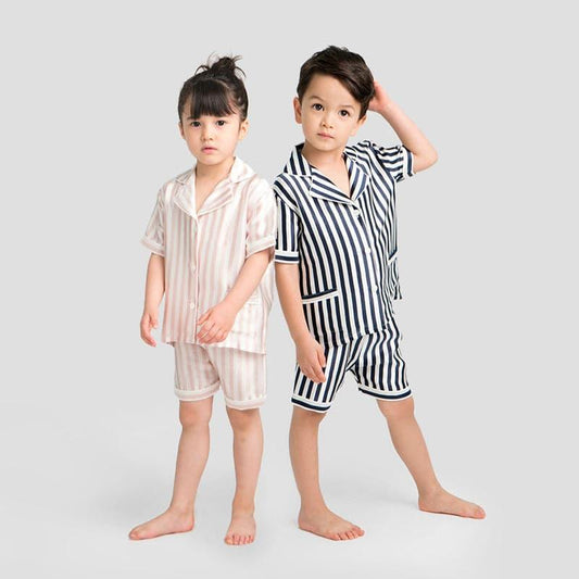 Short Stripe Pajamas Set Kid's Silk Nightwear