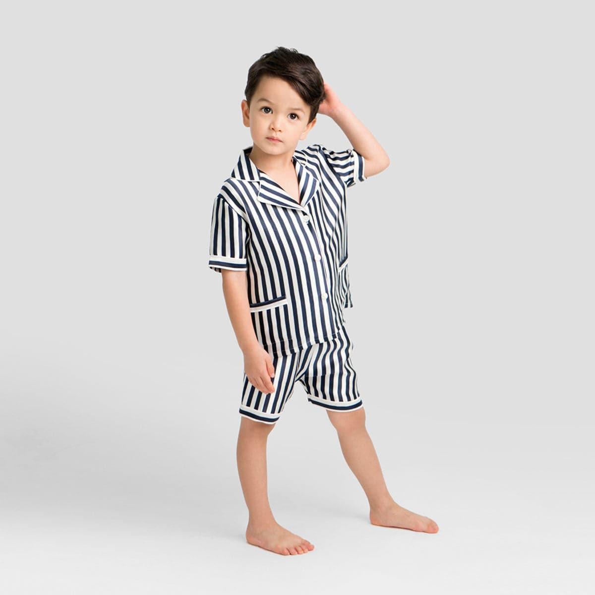 Short Stripe Pajamas Set Kid's Silk Nightwear Black