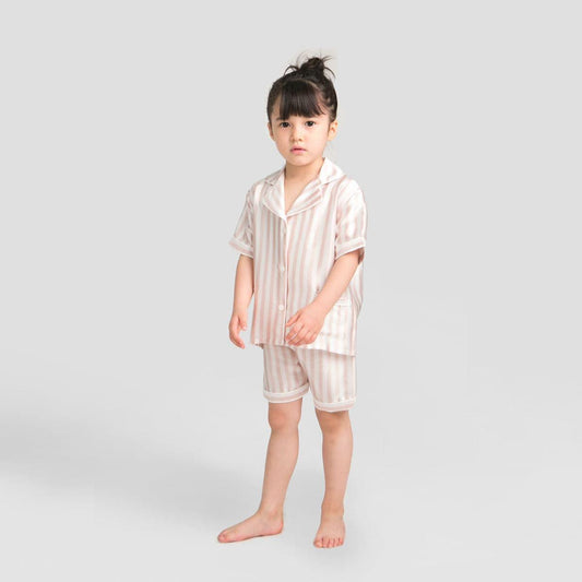 Short Stripe Pajamas Set Kid's Silk Nightwear Pink