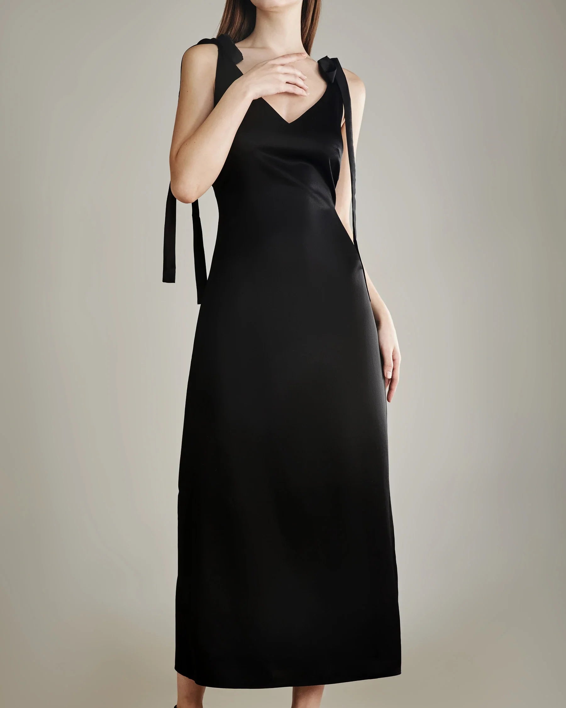Shoulder Ties Silk Slip Dress Black