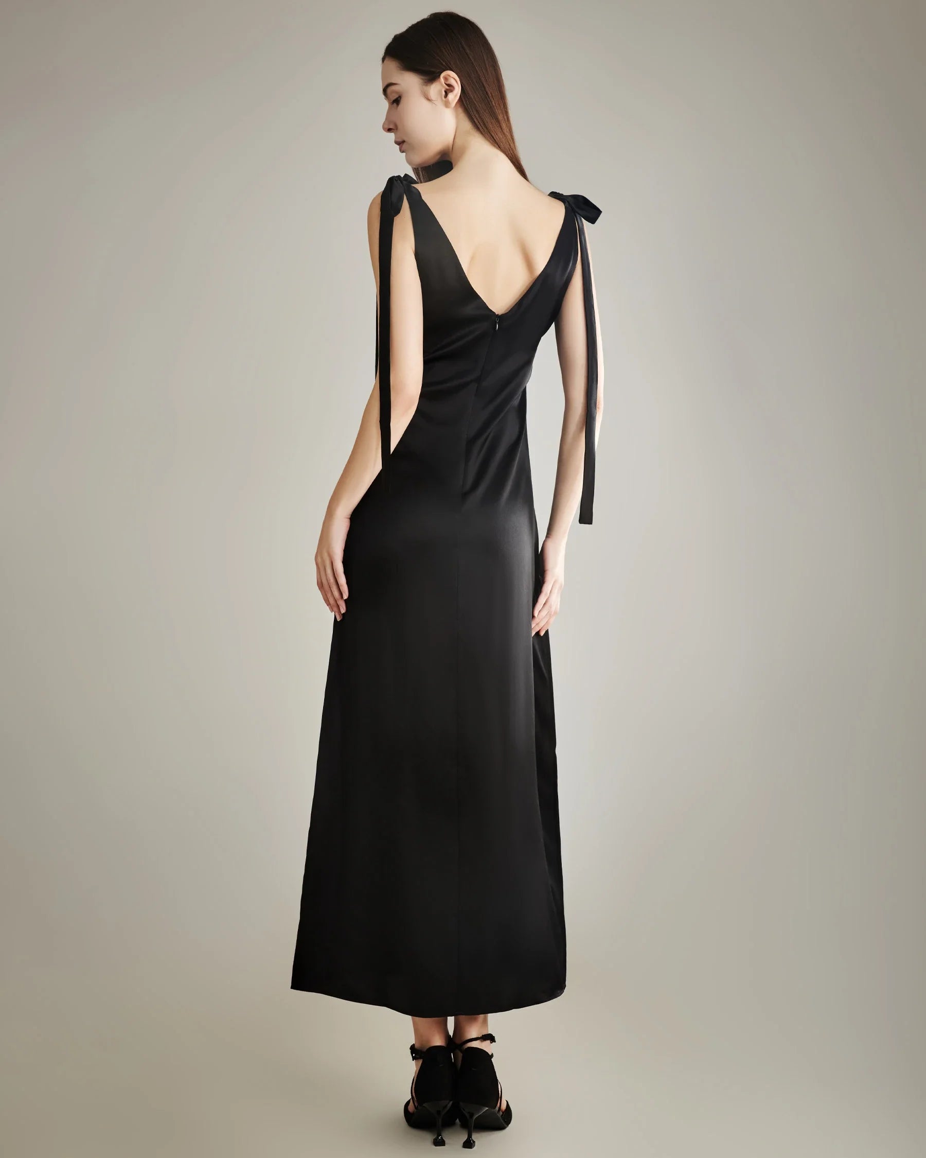 Shoulder Ties Silk Slip Dress Black