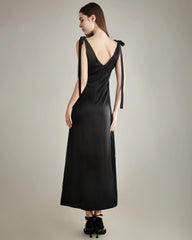 Shoulder Ties Silk Slip Dress Black