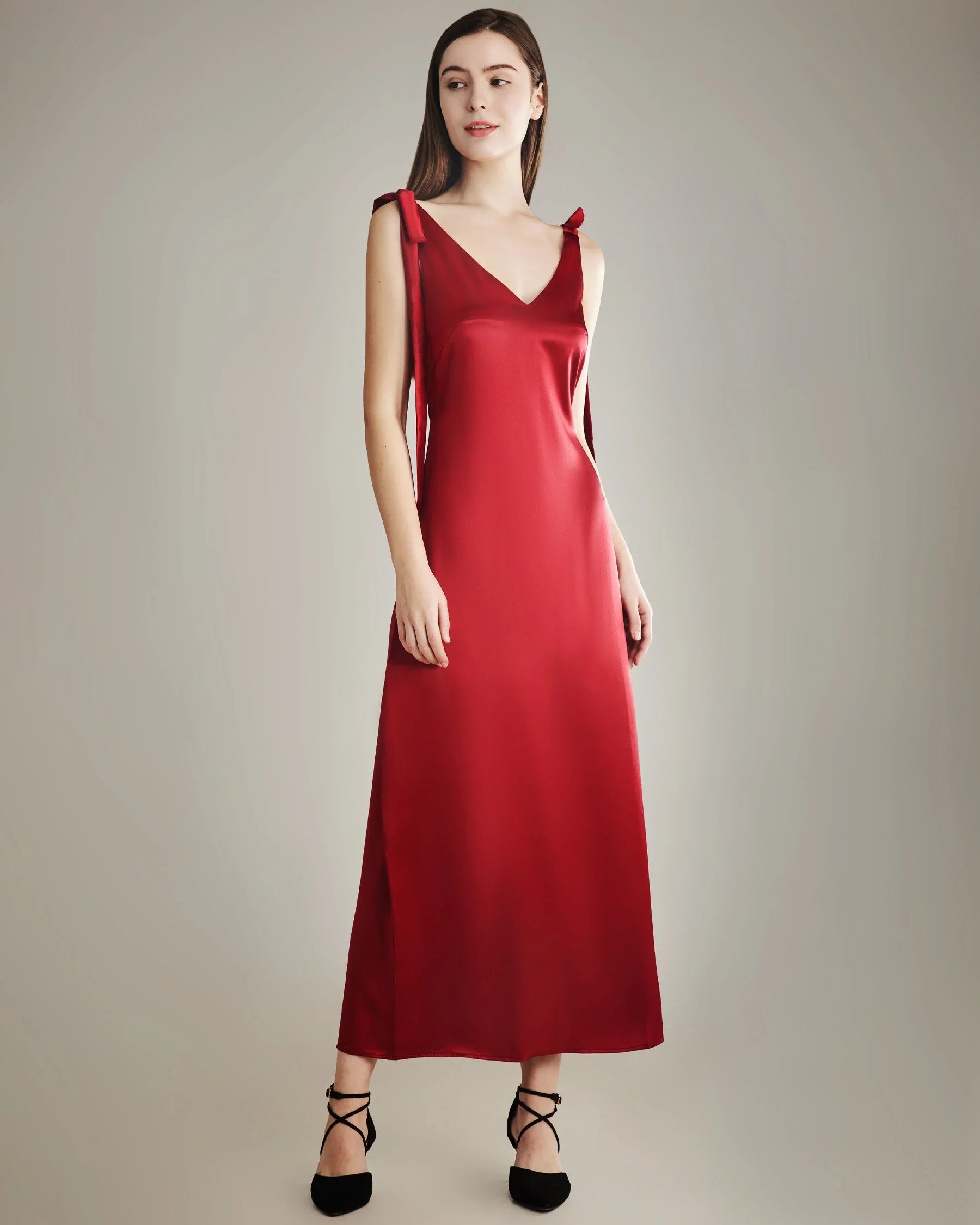 Shoulder Ties Silk Slip Dress Burgundy