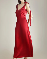 Shoulder Ties Silk Slip Dress Burgundy