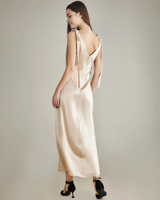 Shoulder Ties Silk Slip Dress Champagne