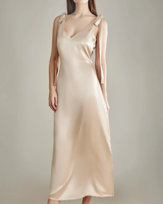 Shoulder Ties Silk Slip Dress Champagne