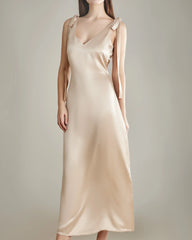 Shoulder Ties Silk Slip Dress Champagne