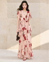 Silk Rose Print Wrap Maxi Dress