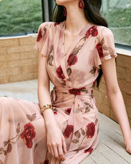 Silk Rose Print Wrap Maxi Dress