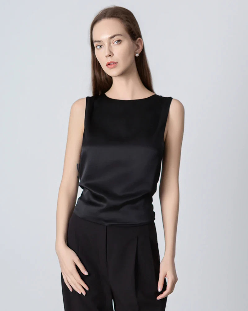 Silk Backless Knotted Top Black