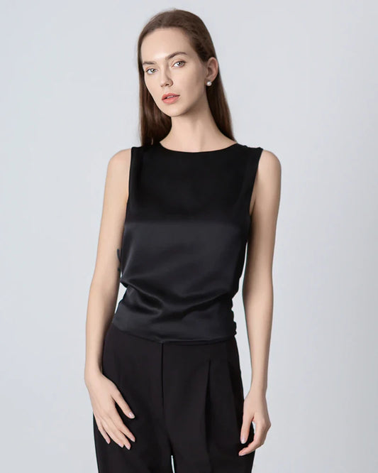 Silk Backless Knotted Top Black