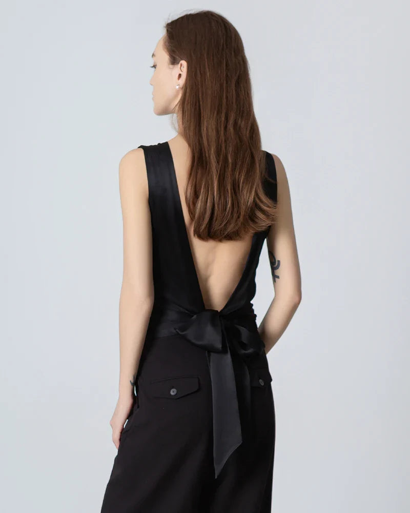 Silk Backless Knotted Top Black