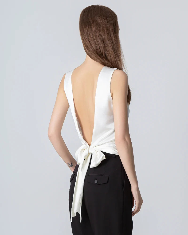 Silk Backless Knotted Top White