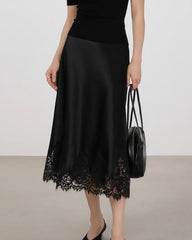Silk Bias Cut Midi Skirt with Lace Trim