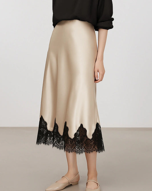 Silk Bias Cut Midi Skirt with Lace Trim
