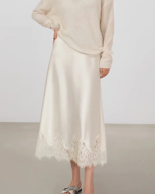 Silk Bias Cut Midi Skirt with Lace Trim